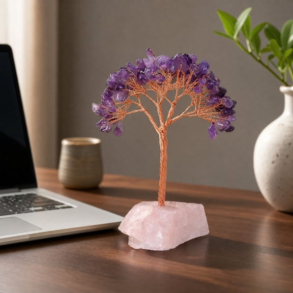 Purple Gemstone Tree of Life, Copper Wire Crystal Bonsai on Raw Stone Base for Office Desk, Shelf, Table and Home Decor, 4.72 in