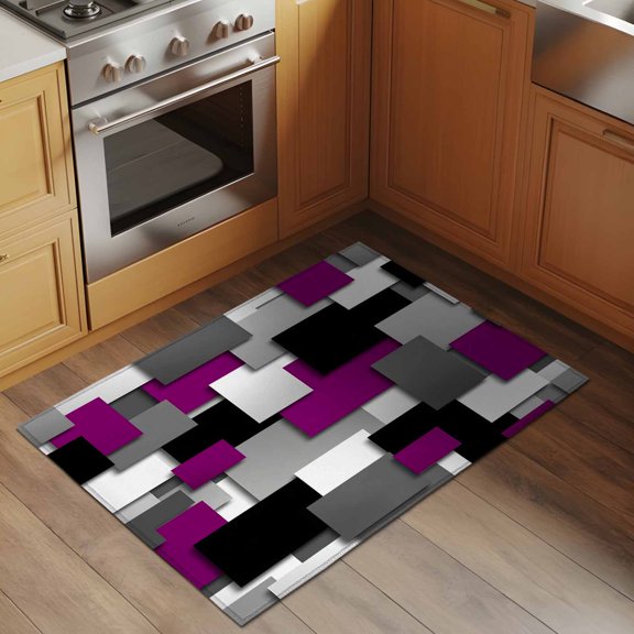 Purple Geometric 2x3 Rug for Entryway Front Door Kitchen Sink Area, Modern Abstract Black Gray Checkered Low Pile Washable Non Slip Rectangle Area Rug