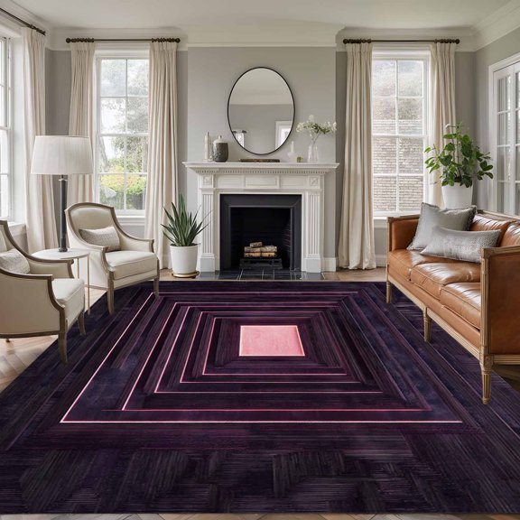 Purple Geometric Area Rug 6x9 FT, Non Slip Living Room Throw Carpet, Framed Abstract Art Modern Washable Soft Large Floor Carpet Non-Shedding Rug for Bedroom Dining Room Play Room