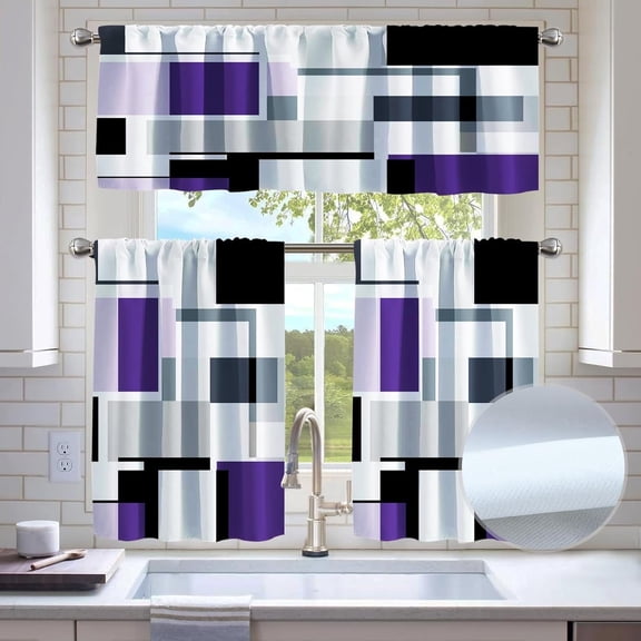 Purple Geometric Kitchen Window Tier Curtains and Valance Set, 36 Inch with Rod Pocket, Abstract Art Curtains Set for Small Windows, Living Room or Bathroom
