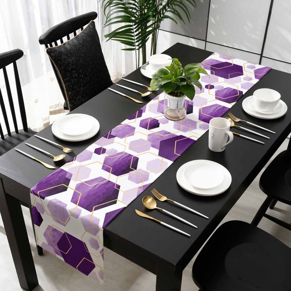Purple Geometric Cotton Linen Small Table Runner 13 x 48 inch Gold White Hexagon Modern Non-slip Rectangular Dining Table Decor for Wedding Party Holiday Dinner