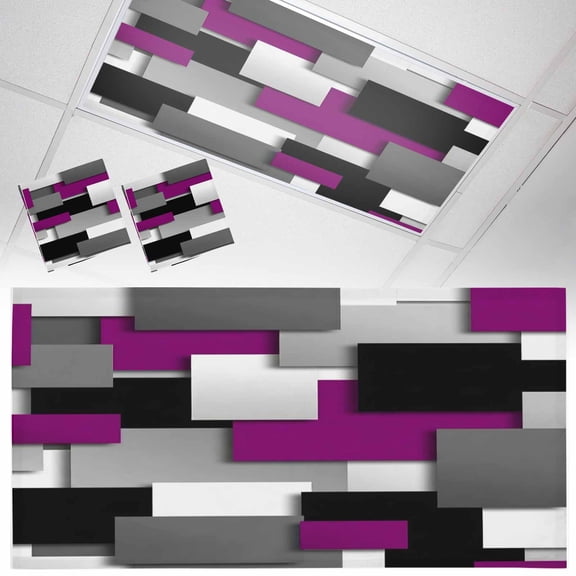 Purple Geometric Fluorescent Light Covers Modern Abstract Black Gray Checkered Magnetic Light Filters Ceiling Lighting Panel Shade for Classroom Office Home 2 x 4 ft, 2 Pack