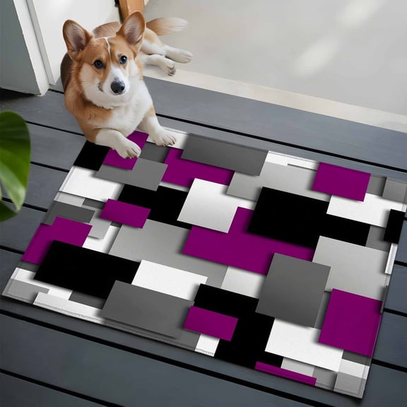 Purple Geometric Front Door Rugs 2x3 ft Modern Abstract Black Gray Checkered Small Rug for Entryway Non Slip Washable Door Mat Absorbent Floor Mat for Indoor Entrance