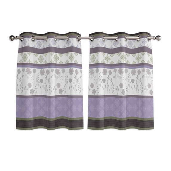 Purple Geometric Kitchen Curtains Window Panels, Stripes Boho Spring Flowers Country Rural Insulated Window Treatment Curtain, Grommet Curtains for Bedroom/Living Room/Bathroom, 2 Piece 42"Wx54"L