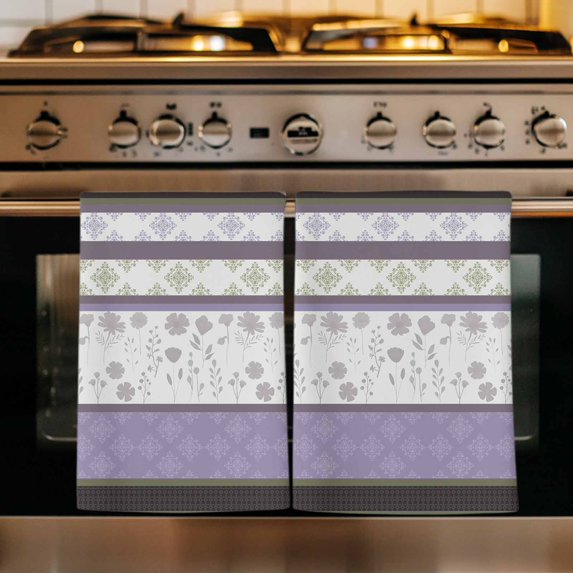 Purple Geometric Kitchen Towels Set of 1, Stripes Boho Spring Flowers Country Rural Absorbent Dish Towels for Kitchen, Microfiber Hand Towel, Quick Drying Tea Towel for Cleaning Decorative Dishcloths