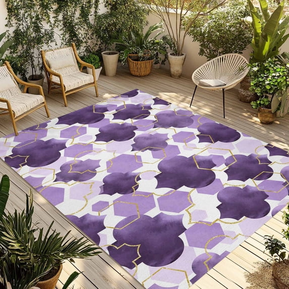 Purple Geometric Moroccan Outdoor Rug for Patio/Deck/Porch, Non-Slip Large Area Rug 4 x 6 Ft, Abstract Art Purple Ombre Modern Indoor Outdoor Rugs Washable Area Rugs, Camping Rug Carpet Runner