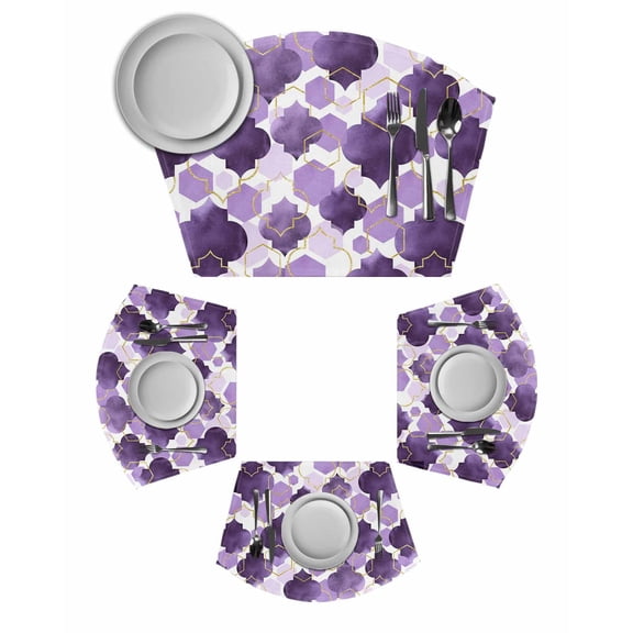 Purple Geometric Moroccan Round Table Placemats Set of 2 Wedge Placemats, Abstract Art Purple Ombre Modern Place Mats for Dining Table Set Washable Mats Kitchen Decor for Indoor Outdoor Wipe Clean