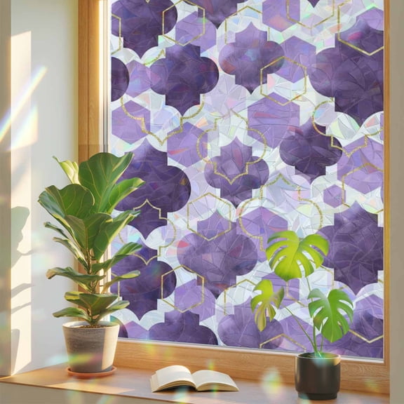 Purple Geometric Moroccan Window Privacy Film Rainbow Static Cling Stain Glass Window Film for Glass Door, Decorative Sunroof Decal Sticker for Car Bathroom 23.6"x59" Abstract Art Purple Ombre Modern