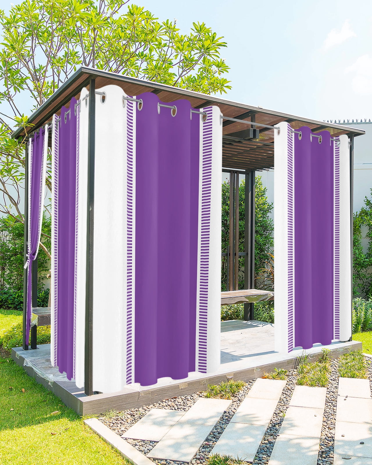 Purple Geometric Outdoor Curtains for Patio, Modern Striped Abstract Art Aesthetics Privacy Drapes Grommet Waterproof Outside Curtains for Porch/Cabana/Balcony 54"x 108", 1 Panel