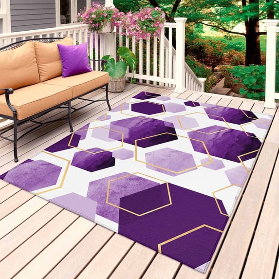 Purple Geometric Outdoor Rug 4x6 Ft, Non Slip Washable Area Rug, Gold White Hexagon Modern Patio Rugs Carpet Runner, Large Floor Mat for Indoor/Outdoor Deck Porch Camping