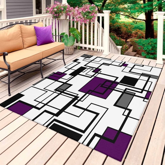 Purple Geometric Outdoor Rug 5x8 Ft, Non Slip Washable Area Rug, Black Grey Abstract Striped Modern Art Patio Rugs Carpet Runner, Large Floor Mat for Indoor/Outdoor Deck Porch Camping