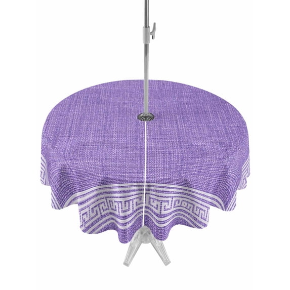 Purple Geometric Outdoor Tablecloth with Umbrella Hole, White Greek Key Design Burlap Modern Art Spillproof Waterproof Outdoor Table Cover, Patio Tablecloths for Party/Garden/Picnic, Round 54 inch