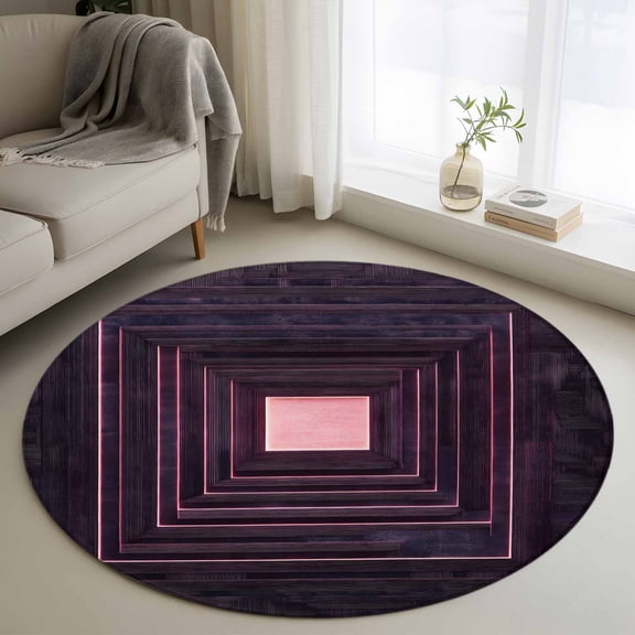 Purple Geometric Round Area Rug 3.3 FT, Non Slip Small Entryway Kitchen Mat, Framed Abstract Art Modern Washable Soft Circular Rug Non-Shedding Door Mat for Bathroom Playroom Kids Room
