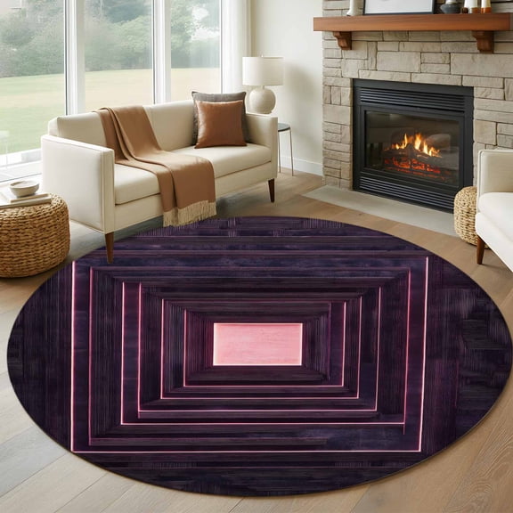 Purple Geometric Round Area Rug 6 FT, Non Slip Bedroom Rugs, Framed Abstract Art Modern Washable Soft Circular Carpet Non-Shedding Floor Mat for Kitchen Dining Room Home Office Kids Room
