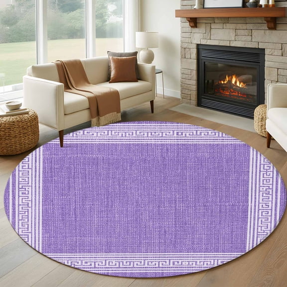 Purple Geometric Round Rugs 5ft, White Greek Key Design Burlap Modern Art Non Slip Washable Rug Runner, Low Pile Indoor Floor Carpet Mat Bathroom Rugs for Living Room, Bedroom, Kids Room