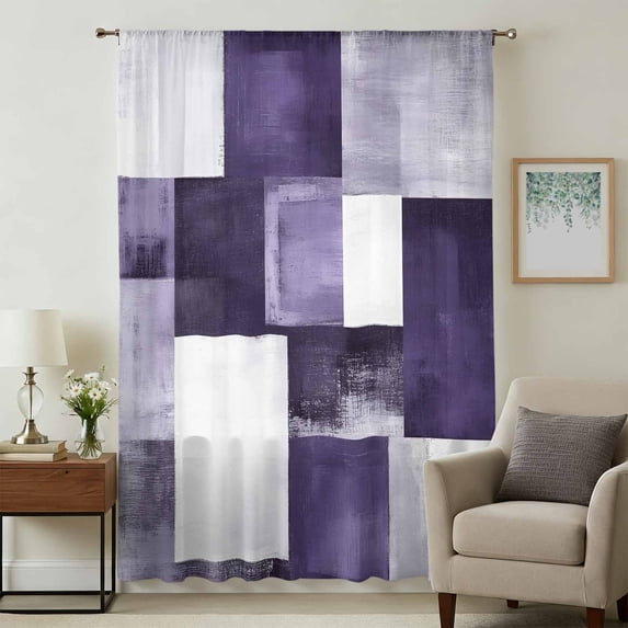 Purple Geometric Sheer Curtains 96 Inches Long, Vintage Oil Painting Contemporary Light Filering Curtains, Privacy Drapes Simi Floor to Veiling Curtain for Living Room Bedroom Large Window Treatment