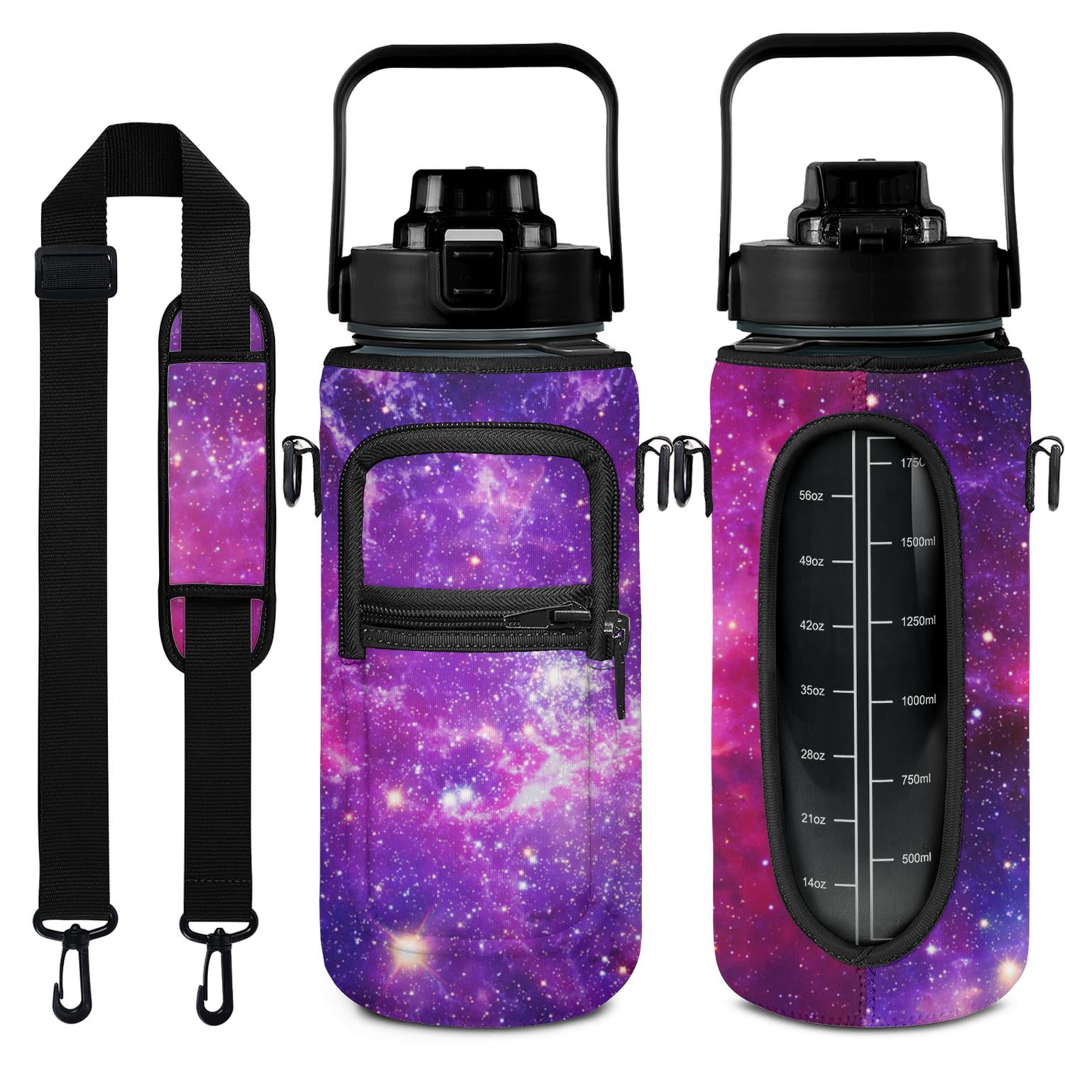 Purple Geometric Star 64 Oz Water Bottle with Sleeve - BPA Free Leakproof Sport Large Plastic Water Bottle with Straw & Time Marker & Insulated Neoprene Holder Carrier Bag Great Gift for Women Men