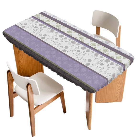 Purple Geometric Table Cloths for 6 Foot Rectangle Tables, Stripes Boho Spring Flowers Country Rural Patio Waterproof Elastic Fitted Tablecloths, Washable Rectangular Table Cover for Camping