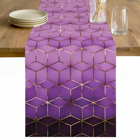 Purple Geometric Table Runner - 120 Inch Long Ombre Modern Abstract Art Cotton and Linen Blended Dress Scarves Farmhouse Table Runner for Kitchen Dining, Coffee Table, 13" x 120"