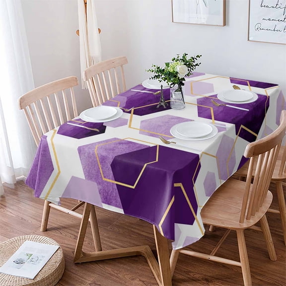 Purple Geometric Tablecloth Rectangle Table Cloth 60x102 , Waterproof Tablecloth Outdoor Table Cloth, Gold White Hexagon Modern Washable Table Cover for Kitchen Dining Party