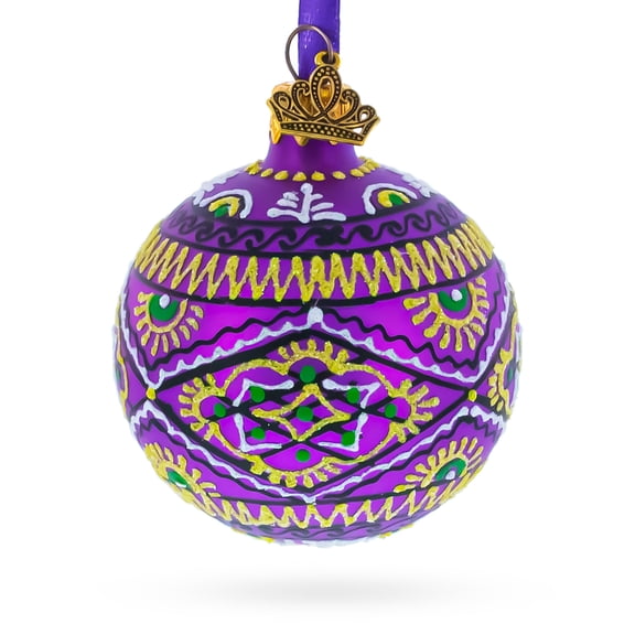 Purple Geometric Ukrainian Glass Ball Christmas Ornament 2.4 Inches