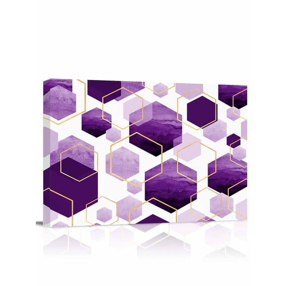 Purple Geometric Wall Art for Living Room, Canvas Picture Wall Decor for Bathroom Bedroom, Gold White Hexagon Modern Painting Artwork for Office Kitchen Hallway Dining Room Home Decorations 12"x16"