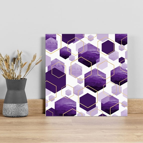 Purple Geometric Wall Art Painting on Canvas, Gold White Hexagon Modern Canvas Art Home Prints Wall Art Framed Modern Artwork for Living Room Bedroom Wall Decor 8x8in