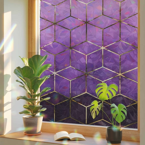 Purple Geometric Window Privacy Film Rainbow Static Cling Stain Glass Window Film for Glass Door, Decorative Sunroof Decal Sticker for Car Bathroom Home 23.6"x59" Ombre Modern Abstract Art