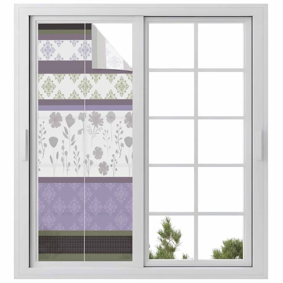 Purple Geometric Window Privacy Film, Stripes Boho Spring Flowers Country Rural Static Cling UV Sun Blocking Heat Control Window Tint Day and Night, Non-Adhesive One Way Privacy Cover 23.6''x59''