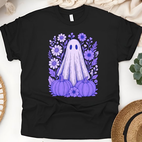 Purple Ghost with Pumpkins Floral Halloween Graphic T-Shirt, Black, Size 2XL