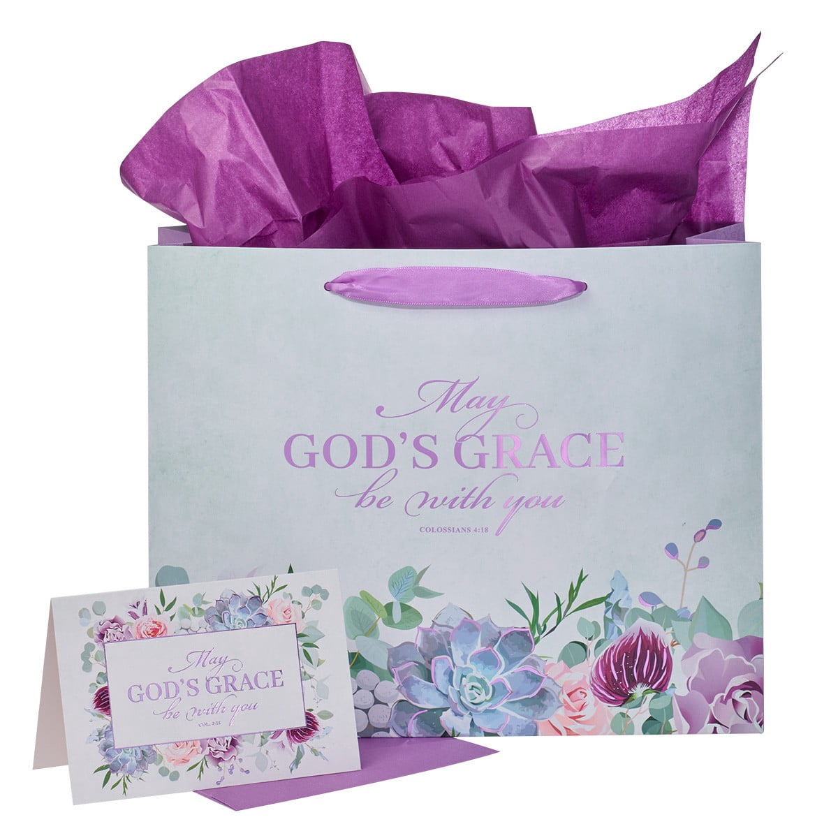 Purple Gift Bag w/Card & Tissue Paper Set God's Grace Colossians 418, Large