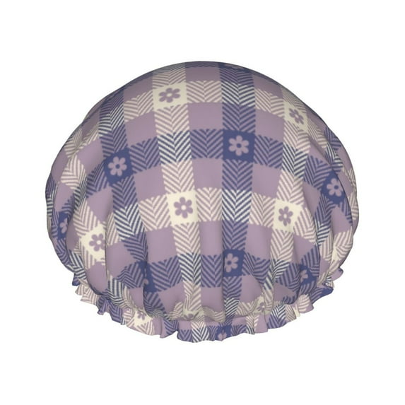 Purple Gingham Check Plaid Shower Cap, Reusable Bath Hair Hat for all Hair Lengths Hair Cover with Elastic Band Double Waterproof Layers Bathing Hat