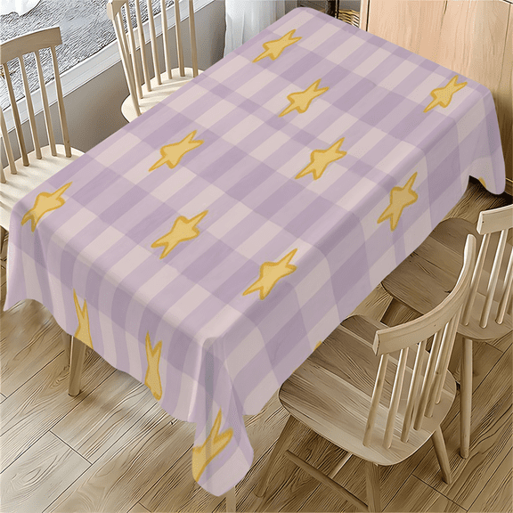Purple Gingham Checkered Tablecloth with Yellow Stars 55x77.1 Inches - Soft Polyester for Dining Table, Desk, Party, Outdoor Use