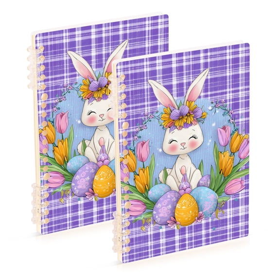 Purple Gingham Easter Rabbit Tulips Eggs Notebook Detachable Coil Notebook Diary Plan Book A5 Size 60 Pages 2 Pack