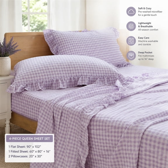 Purple Gingham Ruffle Full Sheet Set, Soft Pre-Washed Microfiber Plaid Sheets, 4-Piece Full Bed Sheets with Deep Pockets, Farmhouse Style Bedding