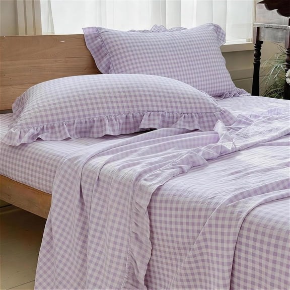 Purple Gingham Ruffle Twin Sheet Set, Purple Soft Pre-Washed Microfiber Plaid Twin Bed Sheets, 3-Pieces Farmhouse Sheet Set with Deep Pocket
