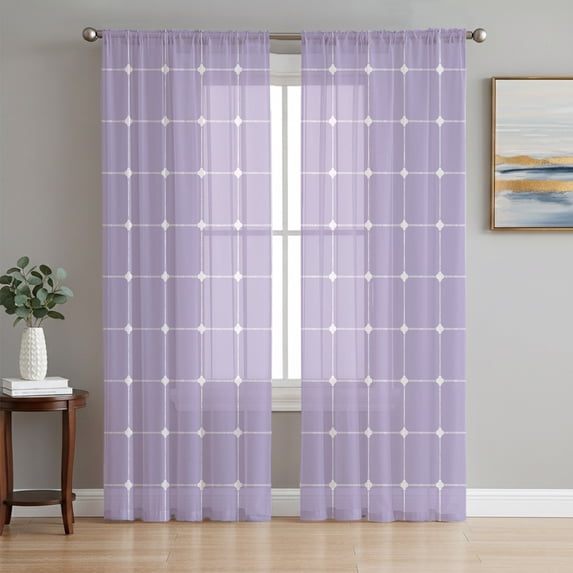 Purple Gingham Sheer Curtains 72 Inches Long, Modern Minimalist Geometric Plaid Light Filtering Window Curtains for Living Room/Bedroom, Rod Pocket Voile Sheer Curtain Drapes, 52"W x 72"L, 2 Panels