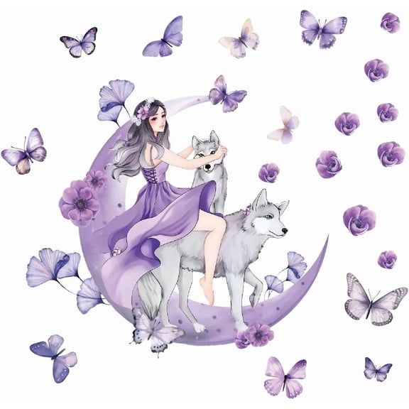 Purple Girl Wall Decor Girl on The Moon Wall Stickers with Butterflies Wolfs Wall Decal Animal DIY Art PVC for Girls' Room Dance Studio Women's Apartment Decoration Colorful