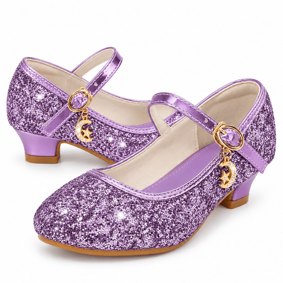 Purple Girls Glitter Mary Jane Shoes Size 2, Big Kids Low Heel Princess Dress Shoes with Charm Ankle Strap for Party Stage Performance