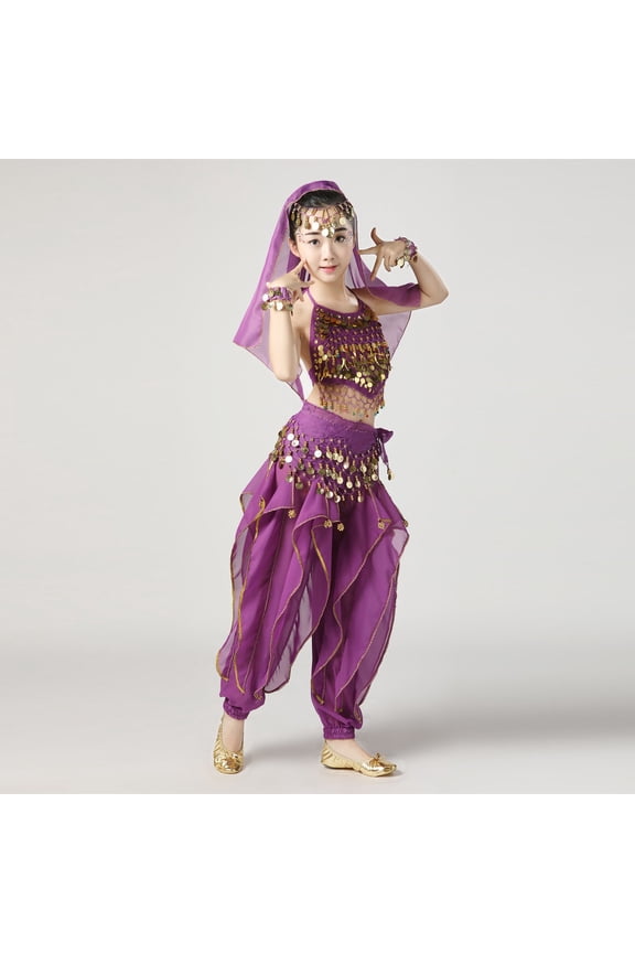 Purple Girls Middle Eastern Belly Dance Costume Set - 100% Polyester 5-13 Years with Coin Embellishments & Flowy Harem Pants, Complete Performance Outfit,Size 5-7 T