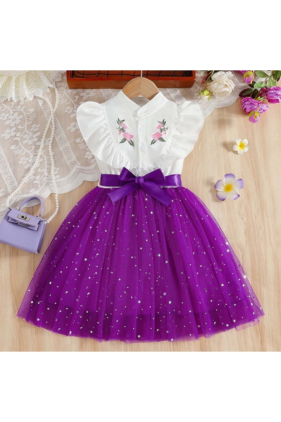 Purple Girls Party Dress with Embroidered Tulle Skirt, Fancy Dress for Birthday Wedding Christmas, Short Sleeve Flower Girl Dress Sizes 3-9Y,Size 4 T