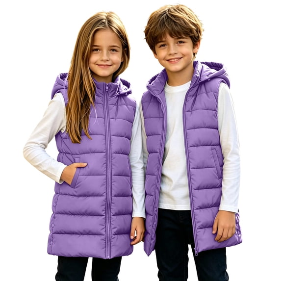 Purple Girls Puffer Vest Size 7-8 Years, Unisex Kids Lightweight Zip Up Hooded Winter Vests, Sleeveless Quilted Long Jackets