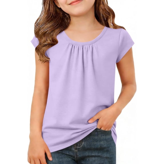 Purple Girls Top with Pleated Neckline | Kids Cap Sleeve T-Shirt | Soft Stretch Shirt for Play & School | Sizes 5-6 to 14-15 Years,Size 9-10 T