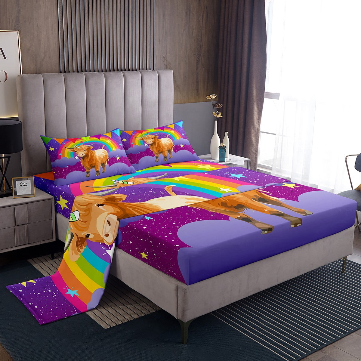 Lovely Rainbow Unicorn Bed Sheet Colorful Cartoon Fitted Sheet Twin Full Queen King Bedding (5BM)