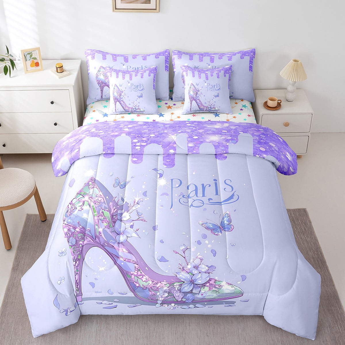 Cute Polka Dot Bed In A Bag – Girls Comforter Set With Sheets, Pink Purple White Blue, Microfiber