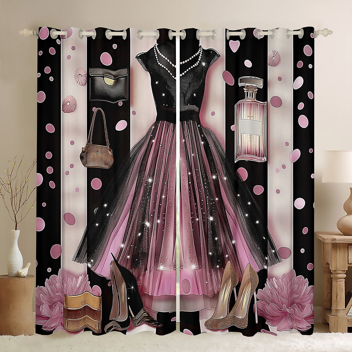Purple Girly Dress Blackout Curtains Pink Polka Dots Curtains Black ...