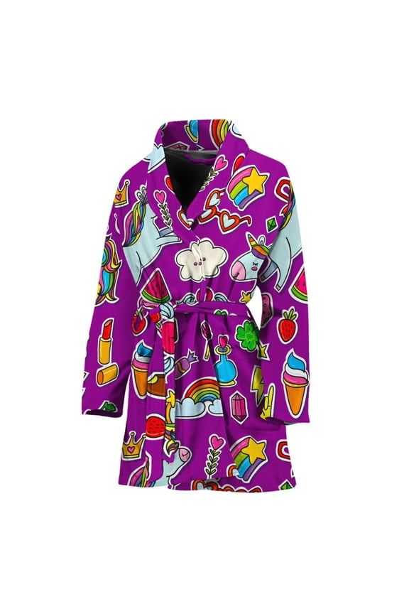 Purple Girly Unicorn Pattern Women Bathrobe One Size Univeral Fits Fashion Lightweight Plush Fleece Long Robe For Women