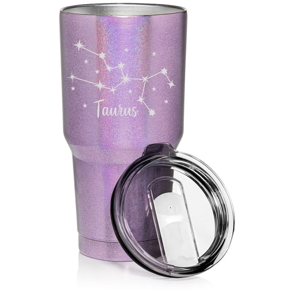 Purple Glitter 30 oz Tumbler Stainless Steel Vacuum Insulated Travel Mug Cup Star Zodiac Horoscope Constellation (Taurus)