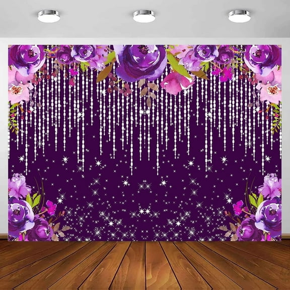 Purple Glitter Backdrop 7 x 5 ft ， Watercolor Flower Sparkle Silver Diamond Backdrop ，Bokeh Woman Birthday Tea Party Wedding Bridal Shower Decor Photography Backdrop Banner Polyester