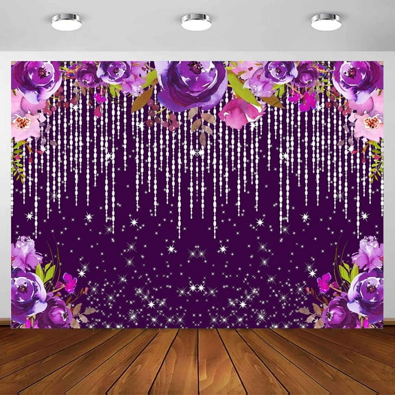 Purple Glitter Backdrop 8 x 6 ft ， Watercolor Flower Sparkle Silver Diamond Backdrop ，Bokeh Woman Birthday Tea Party Wedding Bridal Shower Decor Photography Backdrop Banner Polyester